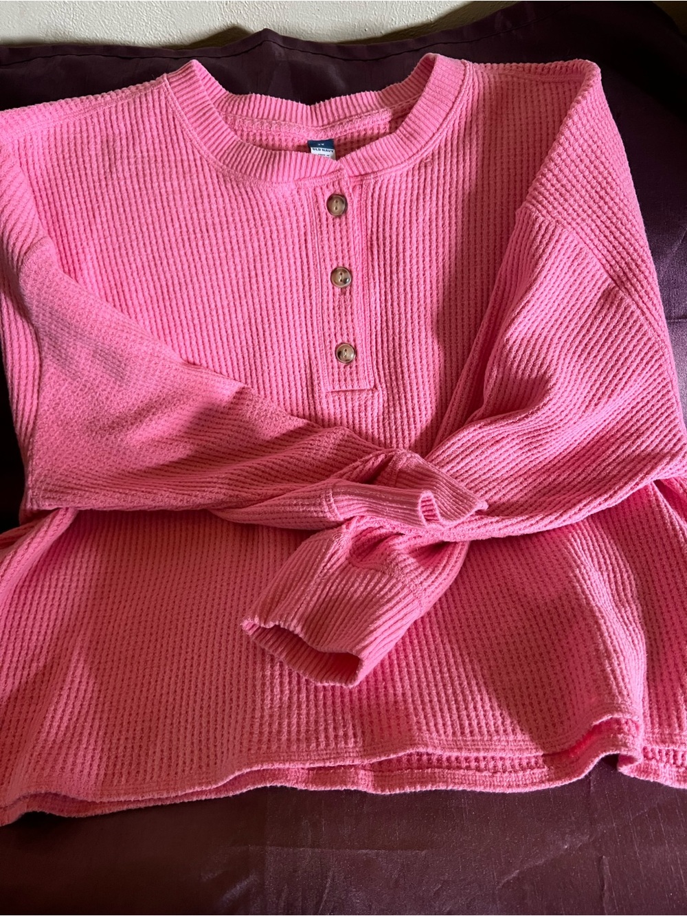 Old Navy womens Bright Pink Waffle Henley Sweatshirt